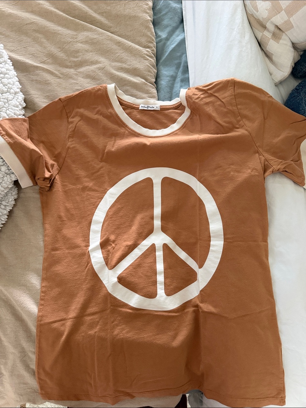 Rust Peace Graphic Ringer Tee with Cream Trim Sz. L